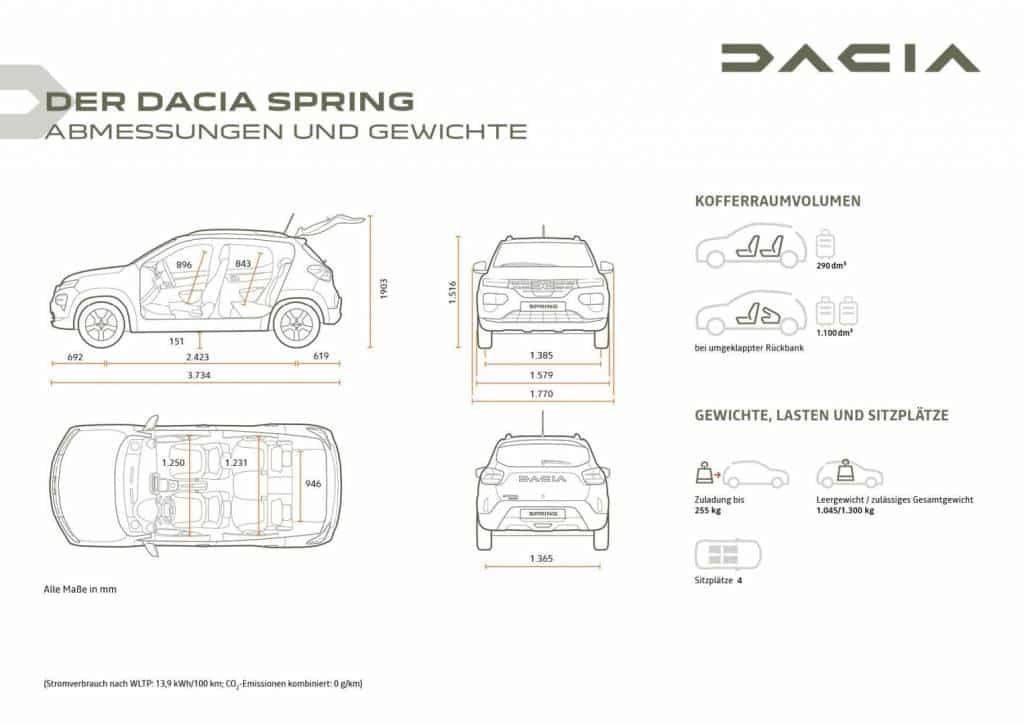 Abmessungen und Gewichte des Dacia SPRING Autohaus Schouren