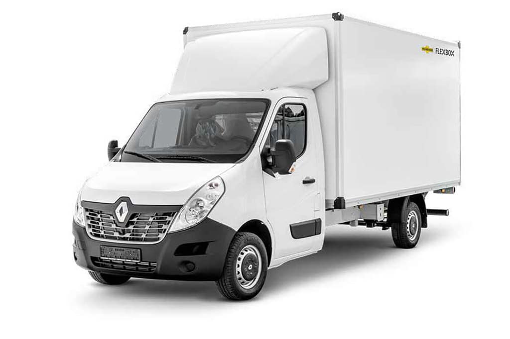 Renault Master mit Humbaur Flexbox Kofferaufbau Frontansicht